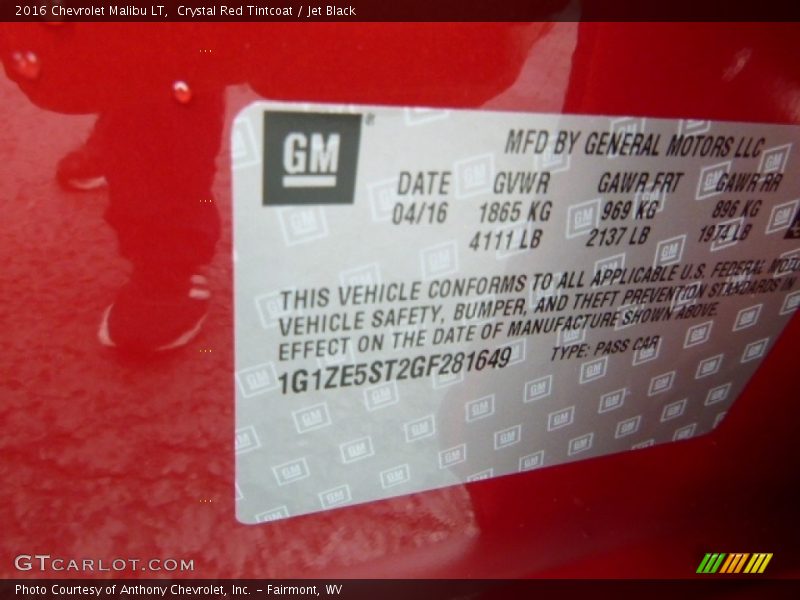 Crystal Red Tintcoat / Jet Black 2016 Chevrolet Malibu LT