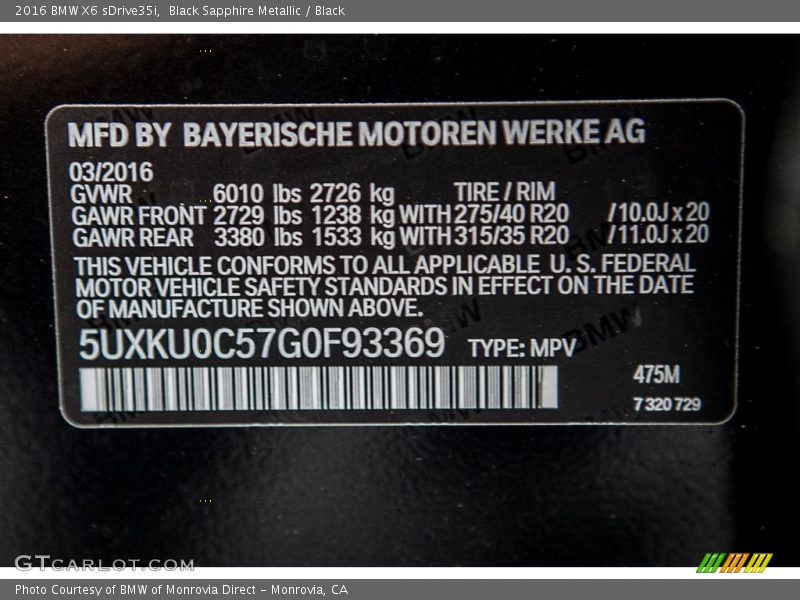 Black Sapphire Metallic / Black 2016 BMW X6 sDrive35i