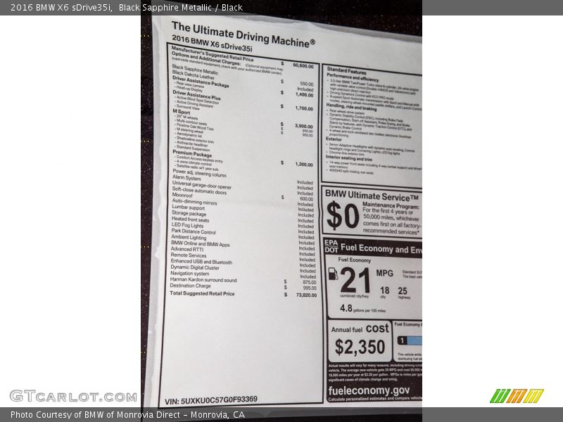  2016 X6 sDrive35i Window Sticker