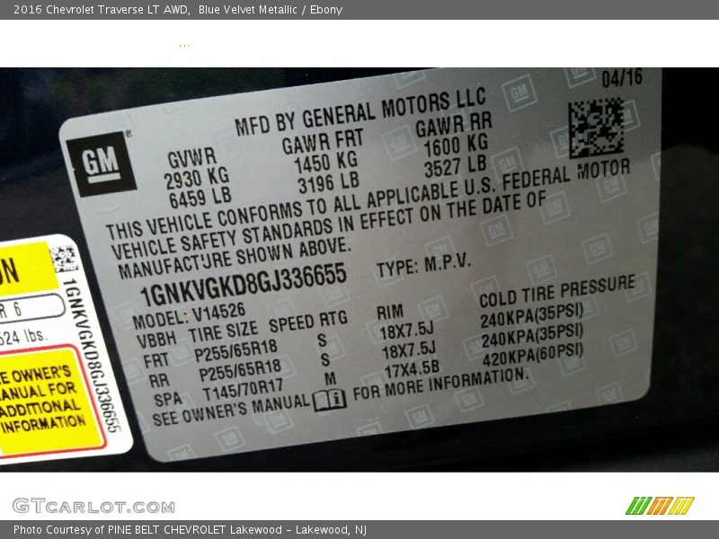 Blue Velvet Metallic / Ebony 2016 Chevrolet Traverse LT AWD