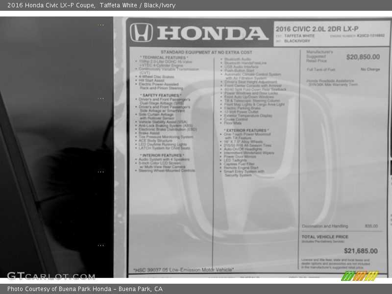 Taffeta White / Black/Ivory 2016 Honda Civic LX-P Coupe