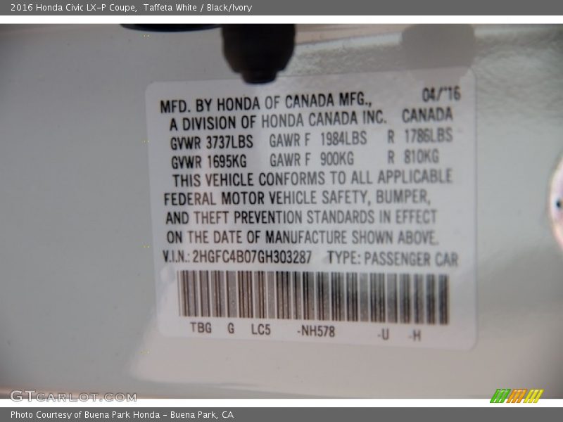 Taffeta White / Black/Ivory 2016 Honda Civic LX-P Coupe
