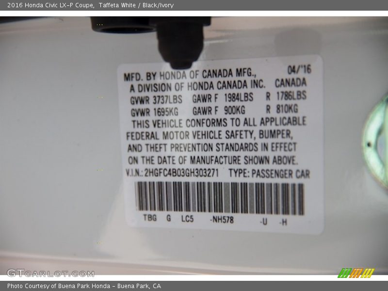 Taffeta White / Black/Ivory 2016 Honda Civic LX-P Coupe
