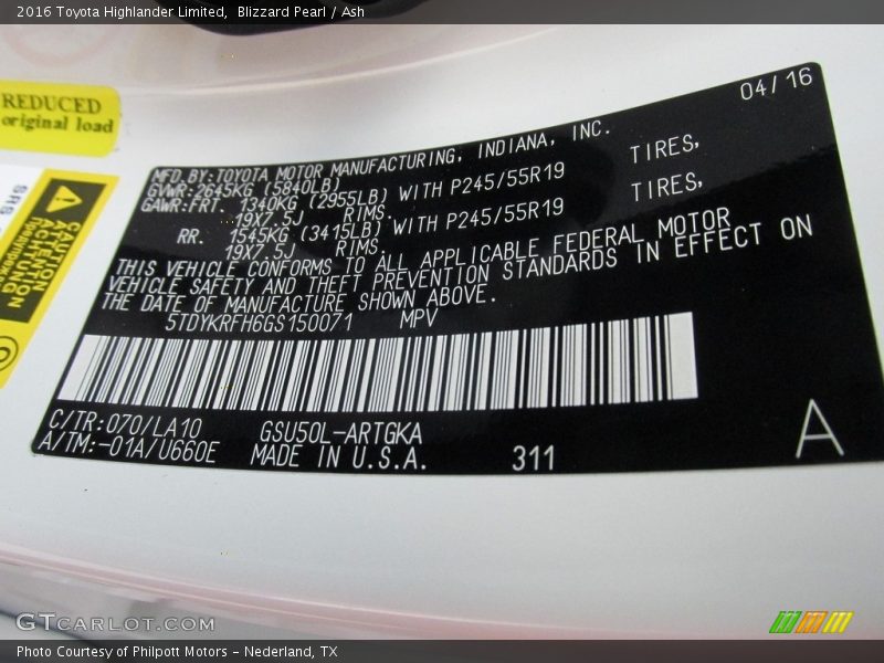 Blizzard Pearl / Ash 2016 Toyota Highlander Limited