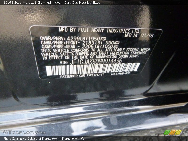 Dark Gray Metallic / Black 2016 Subaru Impreza 2.0i Limited 4-door