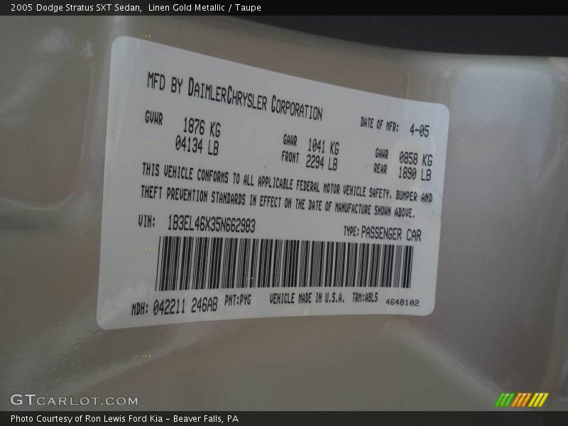 Linen Gold Metallic / Taupe 2005 Dodge Stratus SXT Sedan
