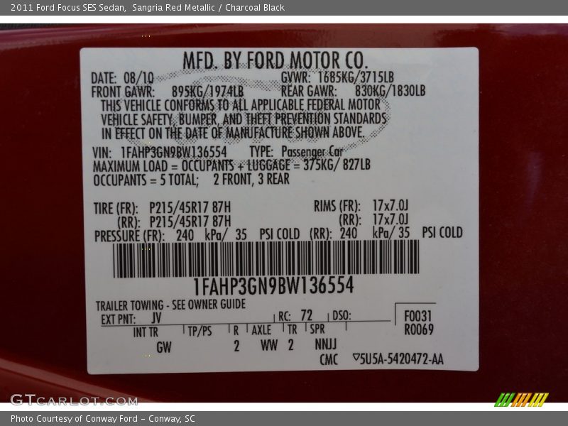 Sangria Red Metallic / Charcoal Black 2011 Ford Focus SES Sedan