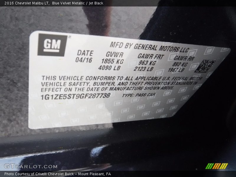 Blue Velvet Metallic / Jet Black 2016 Chevrolet Malibu LT