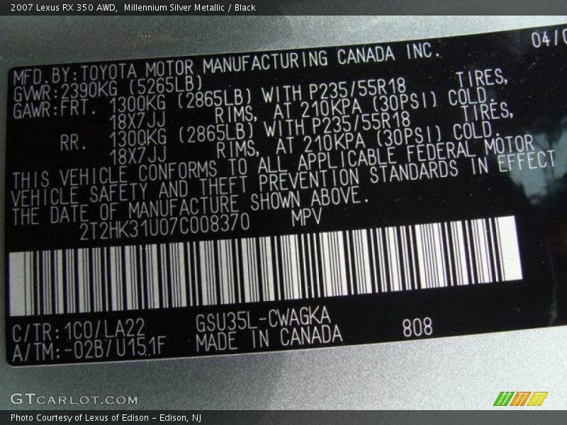 Millennium Silver Metallic / Black 2007 Lexus RX 350 AWD