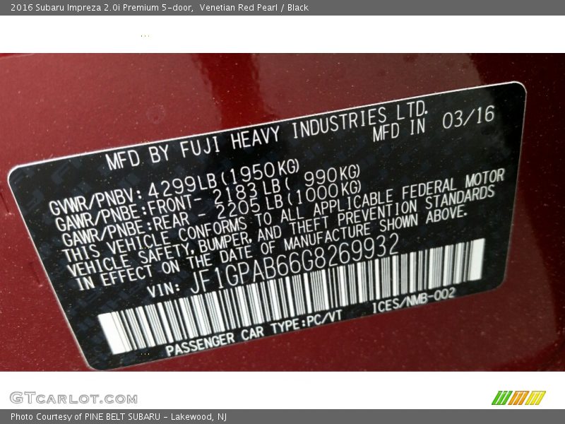 Venetian Red Pearl / Black 2016 Subaru Impreza 2.0i Premium 5-door