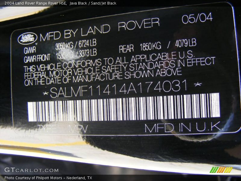 Java Black / Sand/Jet Black 2004 Land Rover Range Rover HSE