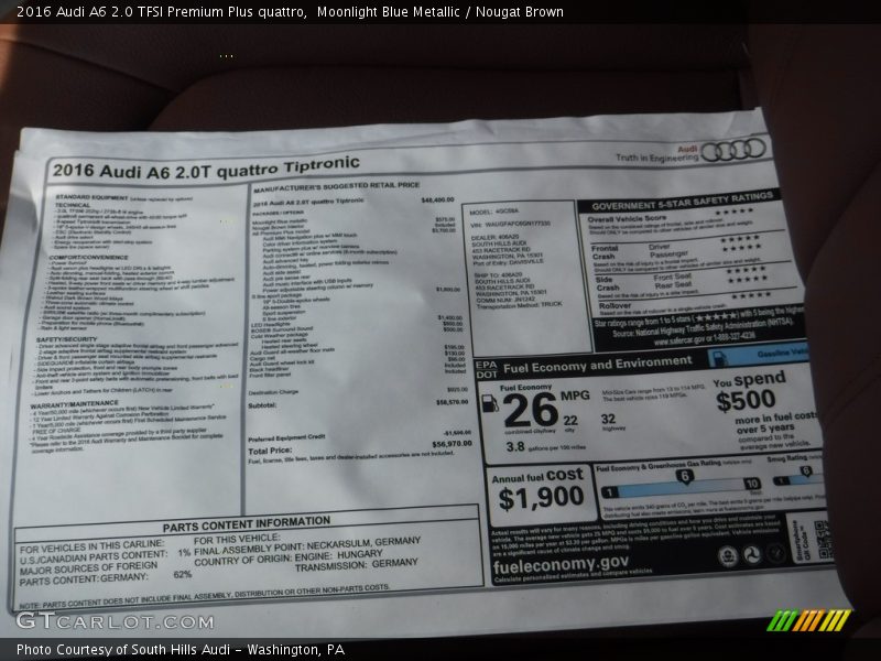 Moonlight Blue Metallic / Nougat Brown 2016 Audi A6 2.0 TFSI Premium Plus quattro