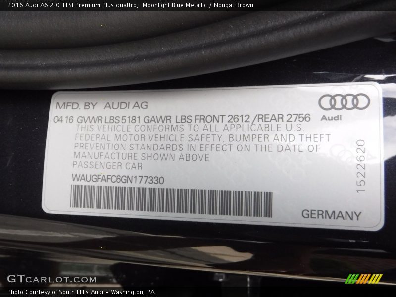 Moonlight Blue Metallic / Nougat Brown 2016 Audi A6 2.0 TFSI Premium Plus quattro