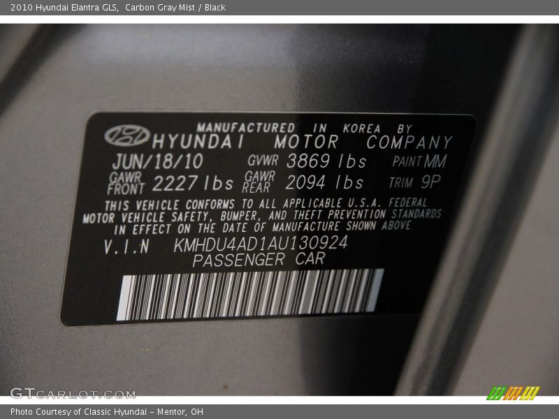Carbon Gray Mist / Black 2010 Hyundai Elantra GLS