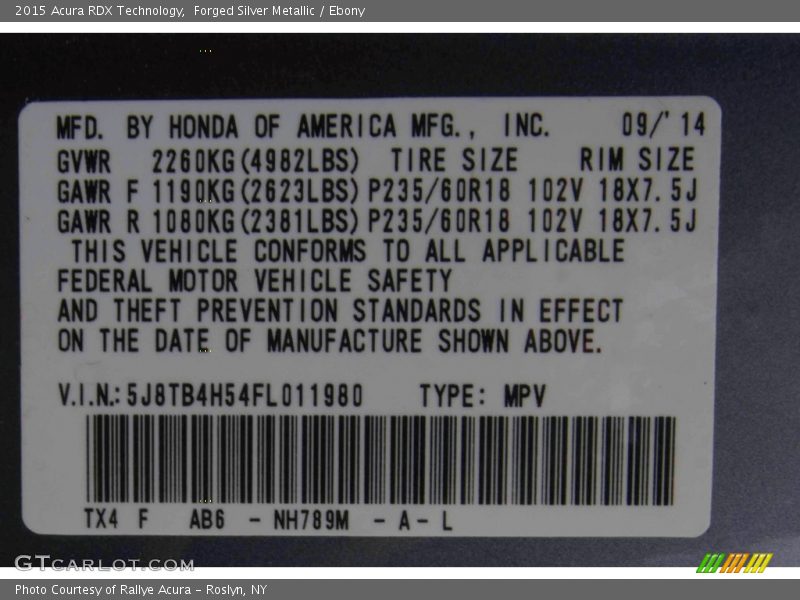 Forged Silver Metallic / Ebony 2015 Acura RDX Technology