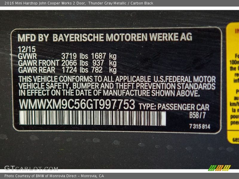 Thunder Gray Metallic / Carbon Black 2016 Mini Hardtop John Cooper Works 2 Door
