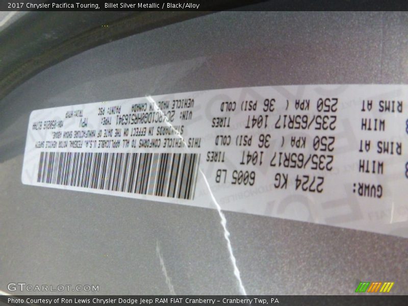 Billet Silver Metallic / Black/Alloy 2017 Chrysler Pacifica Touring