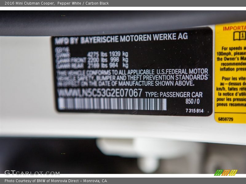 2016 Clubman Cooper Pepper White Color Code 850