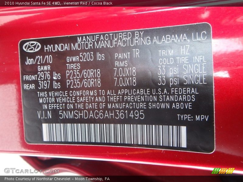 Venetian Red / Cocoa Black 2010 Hyundai Santa Fe SE 4WD