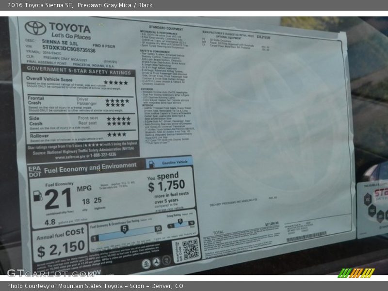 Predawn Gray Mica / Black 2016 Toyota Sienna SE