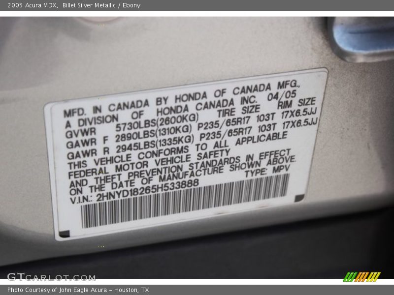 Billet Silver Metallic / Ebony 2005 Acura MDX