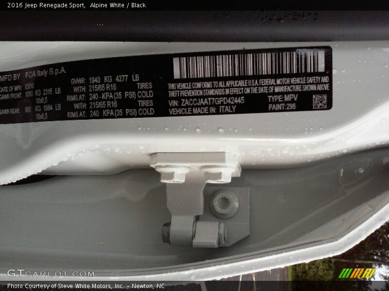 Alpine White / Black 2016 Jeep Renegade Sport