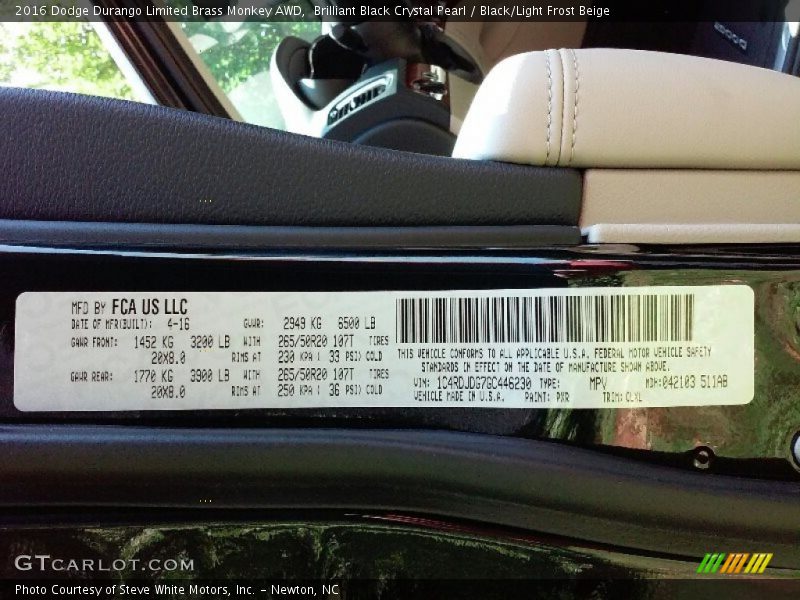 Brilliant Black Crystal Pearl / Black/Light Frost Beige 2016 Dodge Durango Limited Brass Monkey AWD