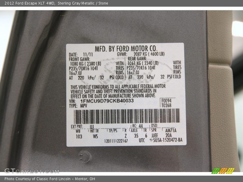 Sterling Gray Metallic / Stone 2012 Ford Escape XLT 4WD