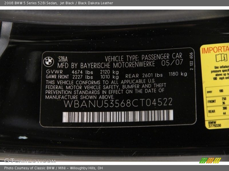 Jet Black / Black Dakota Leather 2008 BMW 5 Series 528i Sedan