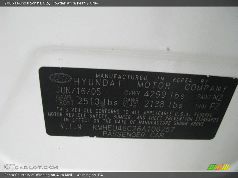 Powder White Pearl / Gray 2006 Hyundai Sonata GLS