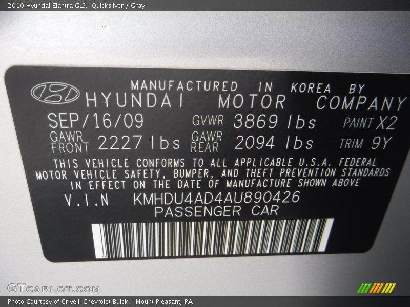Quicksilver / Gray 2010 Hyundai Elantra GLS