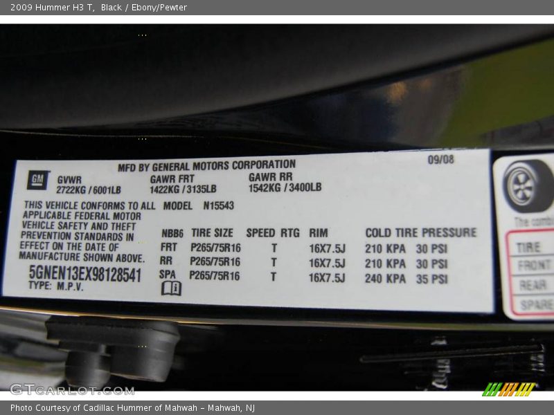 Black / Ebony/Pewter 2009 Hummer H3 T