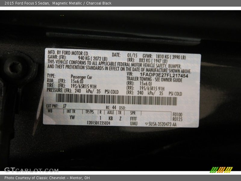 Magnetic Metallic / Charcoal Black 2015 Ford Focus S Sedan