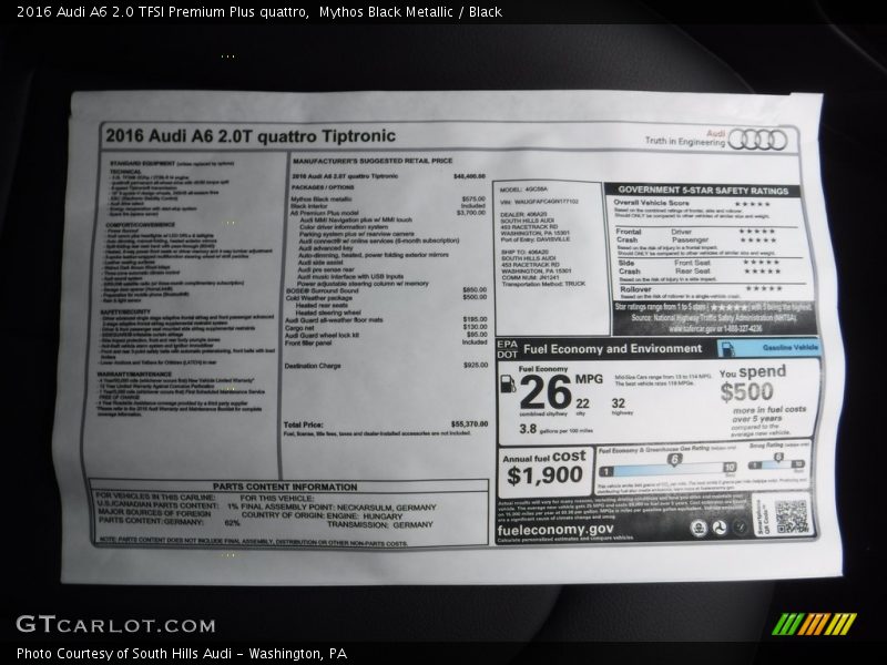 Mythos Black Metallic / Black 2016 Audi A6 2.0 TFSI Premium Plus quattro