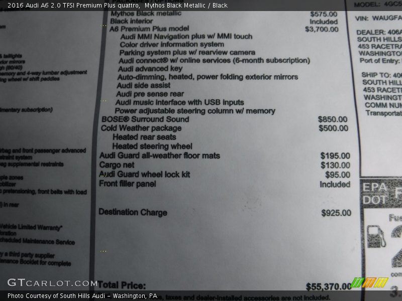 Mythos Black Metallic / Black 2016 Audi A6 2.0 TFSI Premium Plus quattro