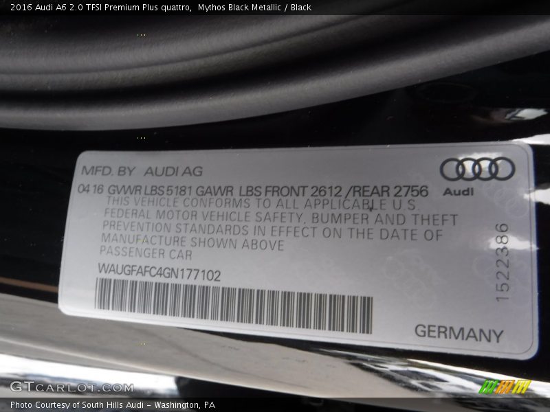 Mythos Black Metallic / Black 2016 Audi A6 2.0 TFSI Premium Plus quattro