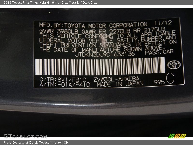 Winter Gray Metallic / Dark Gray 2013 Toyota Prius Three Hybrid