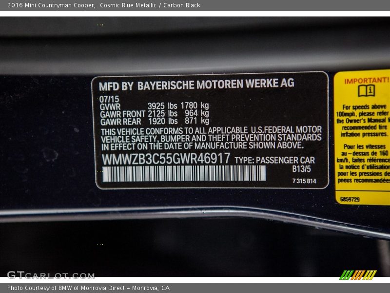 Cosmic Blue Metallic / Carbon Black 2016 Mini Countryman Cooper