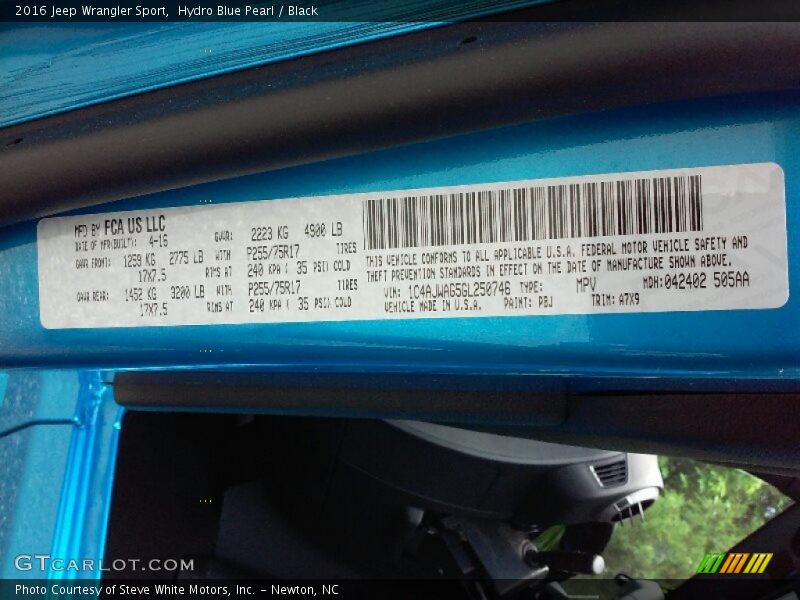 Hydro Blue Pearl / Black 2016 Jeep Wrangler Sport