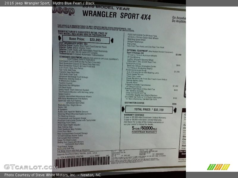 Hydro Blue Pearl / Black 2016 Jeep Wrangler Sport