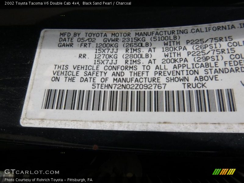 Black Sand Pearl / Charcoal 2002 Toyota Tacoma V6 Double Cab 4x4