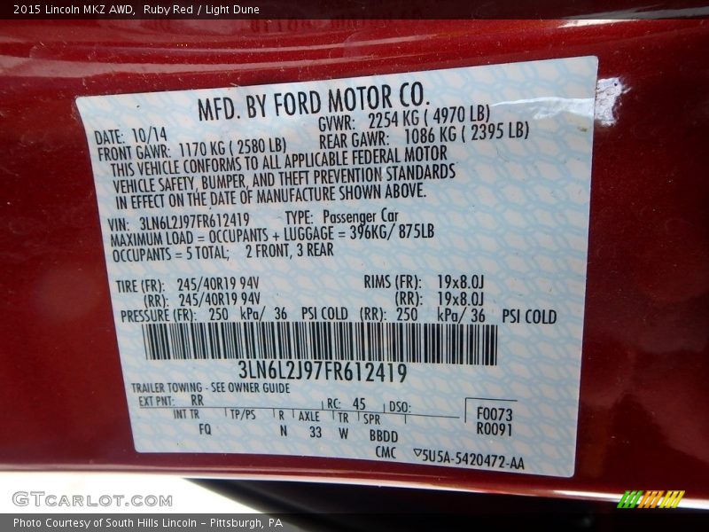 Ruby Red / Light Dune 2015 Lincoln MKZ AWD