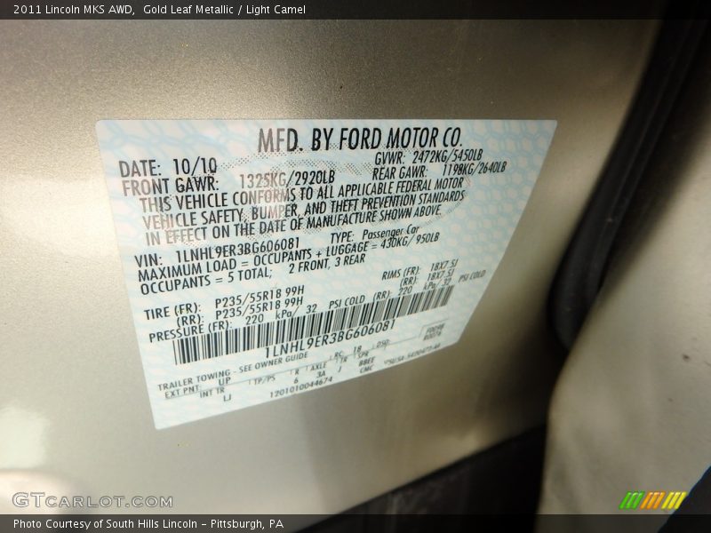 Gold Leaf Metallic / Light Camel 2011 Lincoln MKS AWD