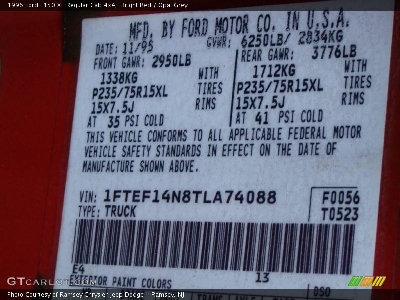 1996 F150 XL Regular Cab 4x4 Bright Red Color Code E4