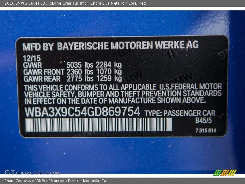 2016 3 Series 335i xDrive Gran Turismo Estoril Blue Metallic Color Code B45