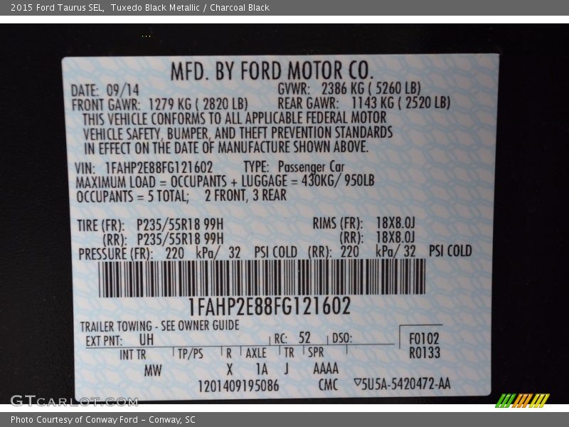 Tuxedo Black Metallic / Charcoal Black 2015 Ford Taurus SEL