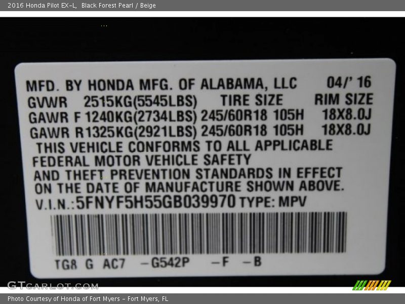 Black Forest Pearl / Beige 2016 Honda Pilot EX-L