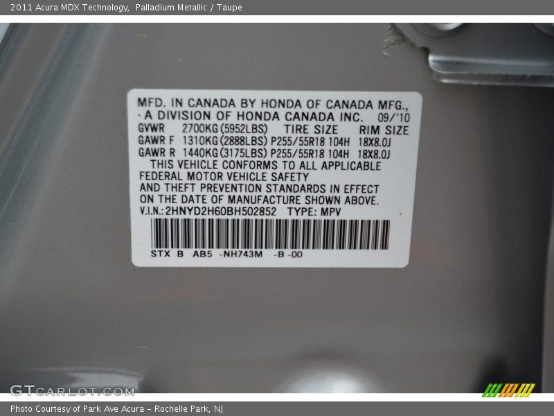 Palladium Metallic / Taupe 2011 Acura MDX Technology