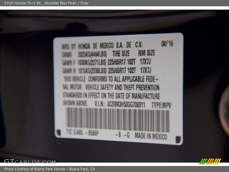 Obsidian Blue Pearl / Gray 2016 Honda CR-V EX