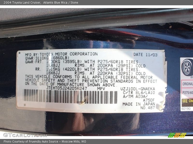 Atlantis Blue Mica / Stone 2004 Toyota Land Cruiser